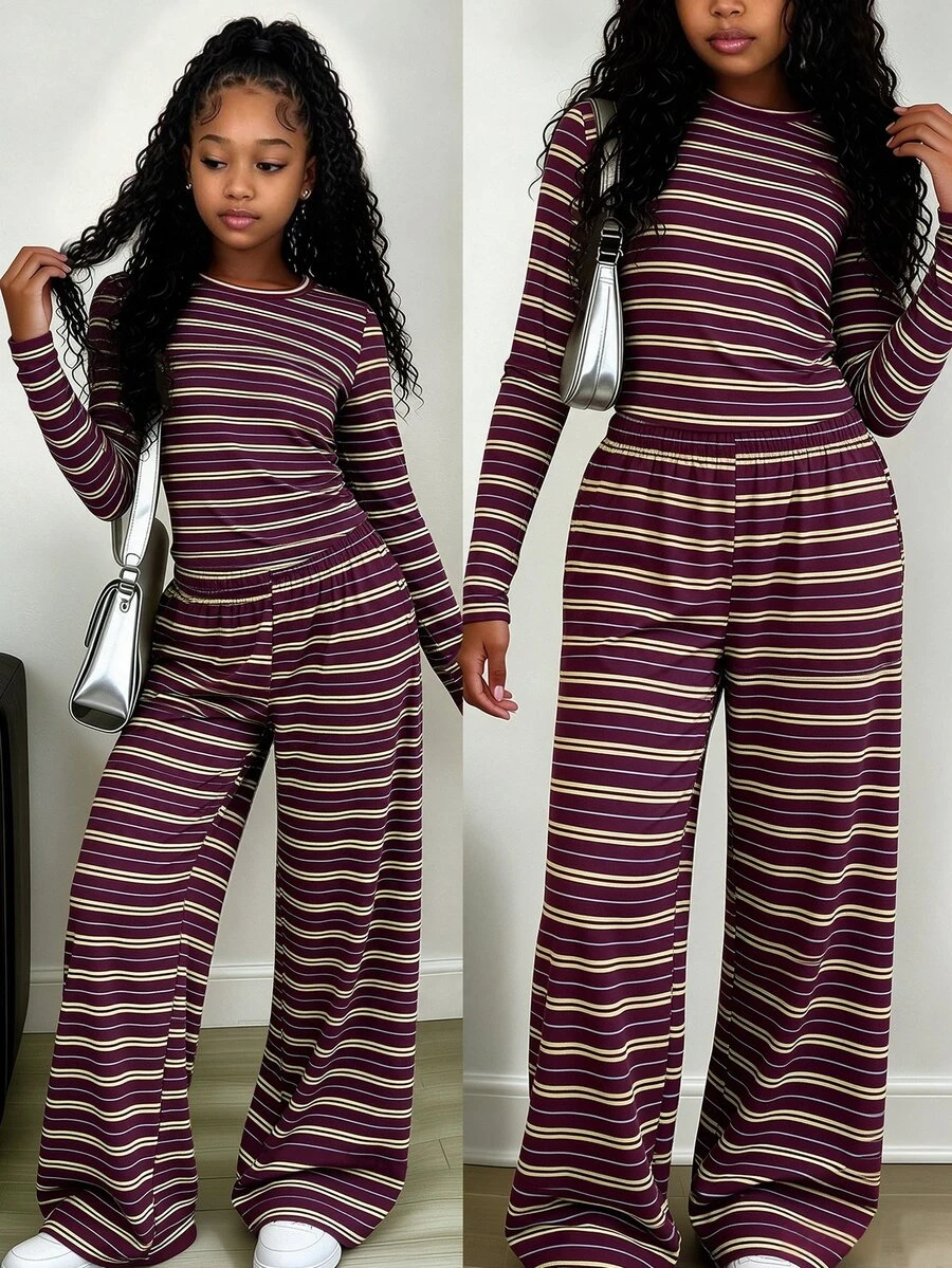 Tween Girls Autumn Casual Vintage Burgundy Yellow Blue Three-Color Striped Pattern Ruched Waist Long Sleeve T-Shirt And Wide Leg Pants Set - Multicolor - View 1