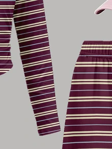 Tween Girls Autumn Casual Vintage Burgundy Yellow Blue Three-Color Striped Pattern Ruched Waist Long Sleeve T-Shirt And Wide Leg Pants Set - Multicolor - View 6
