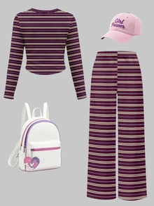 Tween Girls Autumn Casual Vintage Burgundy Yellow Blue Three-Color Striped Pattern Ruched Waist Long Sleeve T-Shirt And Wide Leg Pants Set - Multicolor - View 2