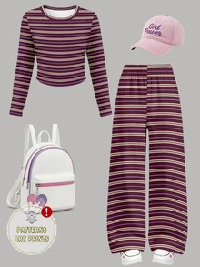 Tween Girls Autumn Casual Vintage Burgundy Yellow Blue Three-Color Striped Pattern Ruched Waist Long Sleeve T-Shirt And Wide Leg Pants Set - Multicolor - View 4
