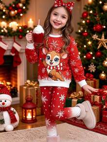 Young Girl Cartoon Print Long Sleeve T-Shirt And Pants Casual Daily Outfit Winter - Multicolor - View 2