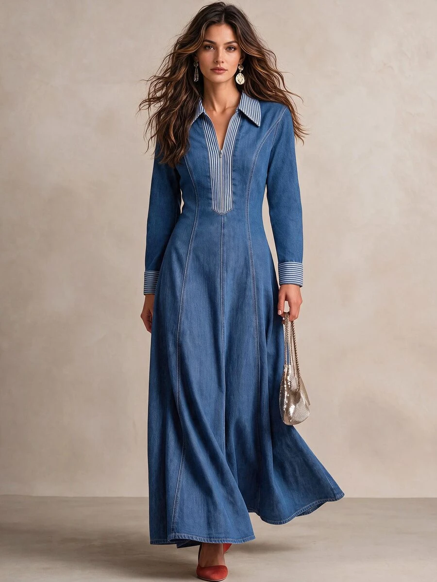 LUMIGAL Women's Patchwork Striped Zipper Half-Placket Long Sleeve Casual Denim Dress - Blue - View 1