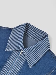 LUMIGAL Women's Patchwork Striped Zipper Half-Placket Long Sleeve Casual Denim Dress - Blue - View 4