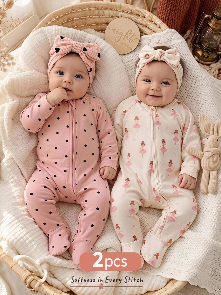 Cozy Pixies 2件組新生兒嬰兒休閒日常舒適印花長袖秋冬連身衣,2款各1件,共2件套裝 - 粉色 - 查看 1