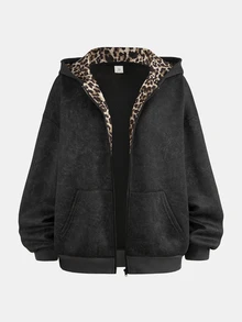 Teen Girl Teen Girls Sweatshirts Autumn/Winter Black Snow Leopard Print Double Layer Design Hooded Open Front Sweatshirt Jacket, Suitable For Daily Fashion Wear - Black - View 3