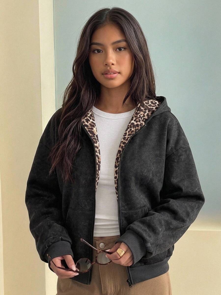 Teen Girl Teen Girls Sweatshirts Autumn/Winter Black Snow Leopard Print Double Layer Design Hooded Open Front Sweatshirt Jacket, Suitable For Daily Fashion Wear - Black - View 1