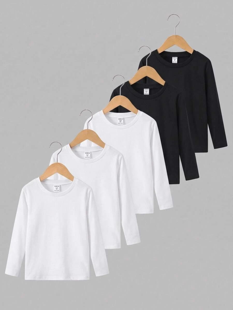 5pcs/Set Boys' Basic Solid Color Crew Neck T-Shirts,Casual Daily Wear Long Sleeve Tees For Winter,Career Day,Back-To-School Fashion Style - Multicolor - View 1