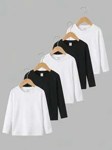 5pcs/Set Boys' Basic Solid Color Crew Neck T-Shirts,Casual Daily Wear Long Sleeve Tees For Winter,Career Day,Back-To-School Fashion Style - Multicolor - View 2