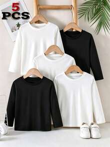 5pcs/Set Boys' Basic Solid Color Crew Neck T-Shirts,Casual Daily Wear Long Sleeve Tees For Winter,Career Day,Back-To-School Fashion Style - Multicolor - View 8