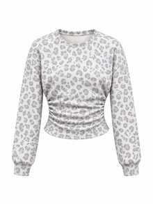 Teen Girls Fall/Winter Back To Basic Solid Color Pleated Asymmetrical Neck Long Sleeve Pullover - Multicolor - View 3