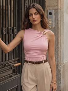 Rosivaux Fashionable Asymmetric Neckline Metal Decor Backless Bodysuit For Women - Dusty Pink - View 2