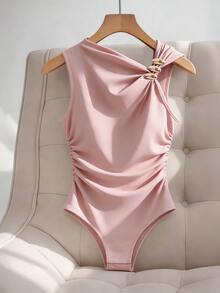 Rosivaux Fashionable Asymmetric Neckline Metal Decor Backless Bodysuit For Women - Dusty Pink - View 6