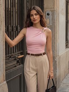 Rosivaux Fashionable Asymmetric Neckline Metal Decor Backless Bodysuit For Women - Dusty Pink - View 3