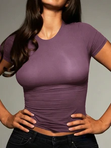 INAWLY Solva Women's Solid Color Round Neck Fitted Casual Short Sleeve T-Shirt, Summer - Purple - View 3