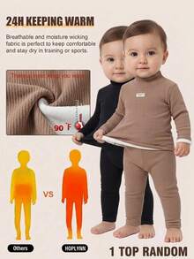 SHEIN (1 Random Piece)Baby Boy Autumn/Winter Cute Knit Solid Color Letter Graphic Thermal Lined Long Sleeve Top - Brown - View 1