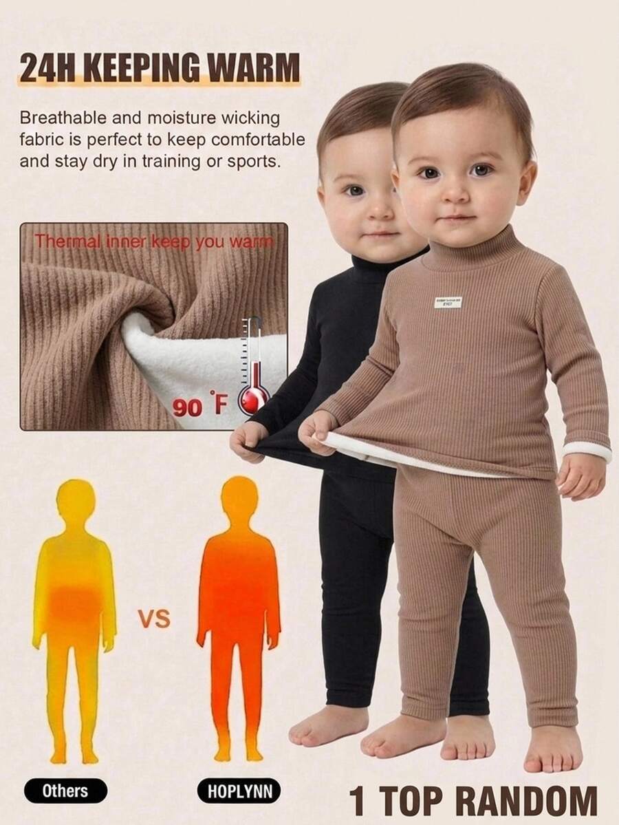 SHEIN (1 Random Piece)Baby Boy Autumn/Winter Cute Knit Solid Color Letter Graphic Thermal Lined Long Sleeve Top - Brown - View 1