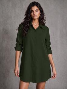 LUMIGAL Women's Casual Solid Color Mid-Length Shirt, Spring Autumn,Long Sleeve Tops Fall Cloth For Women - Army Green - View 1