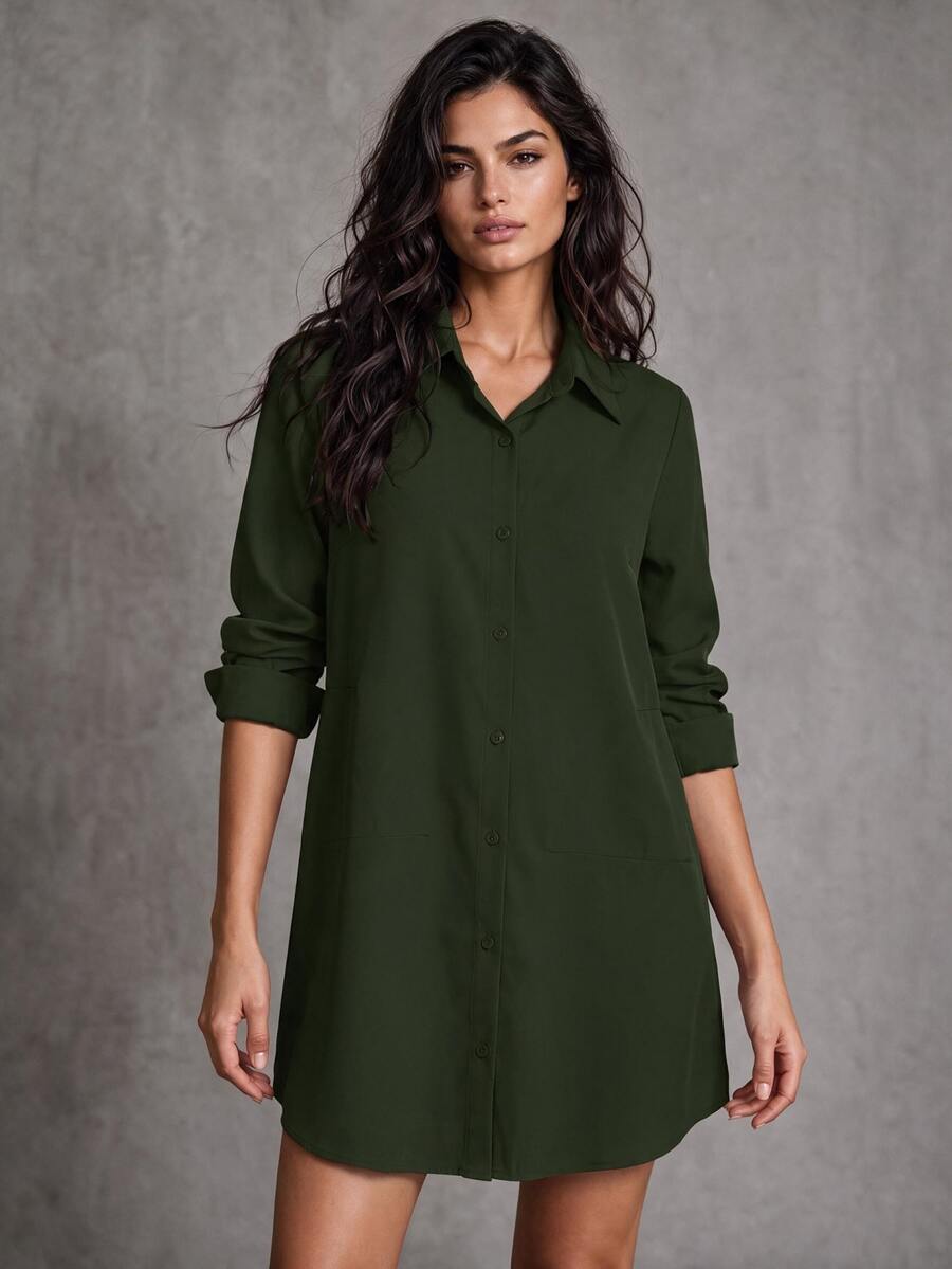 LUMIGAL Women's Casual Solid Color Mid-Length Shirt, Spring Autumn,Long Sleeve Tops Fall Cloth For Women - Army Green - View 1