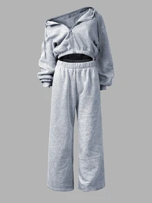 INAWLY Women's Solid Color Drop Shoulder Long Sleeve Zip-Up Hoodie And Pants Casual 2 Pieces Set - Grey - View 4