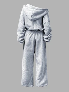 INAWLY Women's Solid Color Drop Shoulder Long Sleeve Zip-Up Hoodie And Pants Casual 2 Pieces Set - Grey - View 3