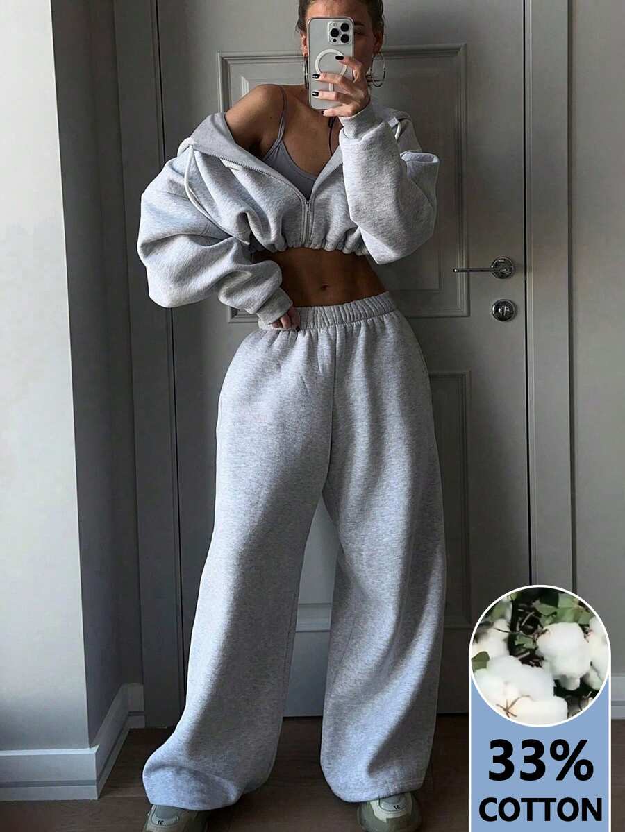 INAWLY Women's Solid Color Drop Shoulder Long Sleeve Zip-Up Hoodie And Pants Casual 2 Pieces Set