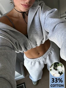 INAWLY Women's Solid Color Drop Shoulder Long Sleeve Zip-Up Hoodie And Pants Casual 2 Pieces Set - Grey - View 7