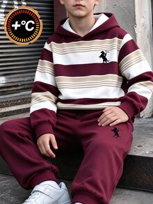 青少年男孩線條拼色印花對比色秋冬連帽衛衣套裝 校園風 黑白條紋黑色 - 彩色 - 查看 8