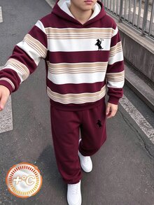 青少年男孩線條拼色印花對比色秋冬連帽衛衣套裝 校園風 黑白條紋黑色 - 彩色 - 查看 3