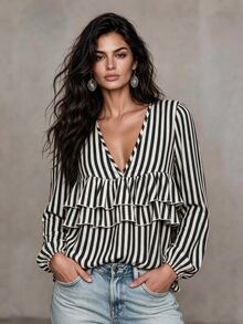 LUMIGAL 女款條紋商務休閒優雅簡約秋季襯衫 - 黑與白 - 查看 1