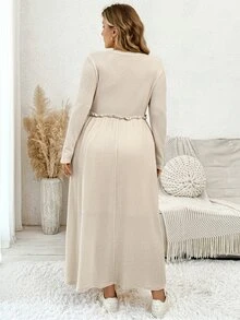 Plussiva Plus Size Maternity Solid Color Round Neck Long Sleeve Ruffle Waist Casual Dress - Apricot - View 8