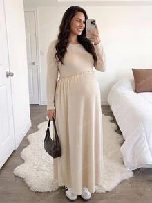 Plussiva Plus Size Maternity Solid Color Round Neck Long Sleeve Ruffle Waist Casual Dress - Apricot - View 1