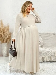 Plussiva Plus Size Maternity Solid Color Round Neck Long Sleeve Ruffle Waist Casual Dress - Apricot - View 2