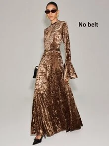 Anewsta Essential Light Luxury Brown Velvet Stand Collar Hollow Long Sleeve Slim Fit Draped Full Skirt Party Dress - Brown - View 8