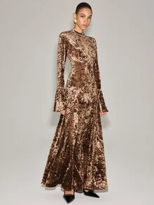 Anewsta Essential Light Luxury Brown Velvet Stand Collar Hollow Long Sleeve Slim Fit Draped Full Skirt Party Dress - Brown - View 5