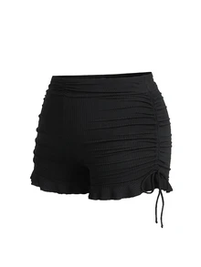 SHEIN Swim Plus Size Swimwear In Sweet & Cute Stripe Pattern With Special Fabric Black Tie & Ruffle Trim Bottom Summer - Black - View 5
