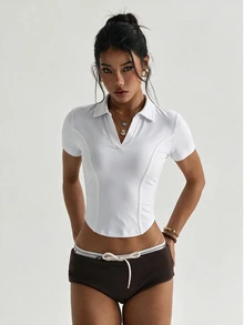 StreetHx Women's Cropped Asymmetrical Hem Sports Polo Shirt - White - View 7