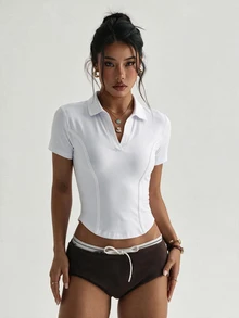 StreetHx Women's Cropped Asymmetrical Hem Sports Polo Shirt - White - View 8