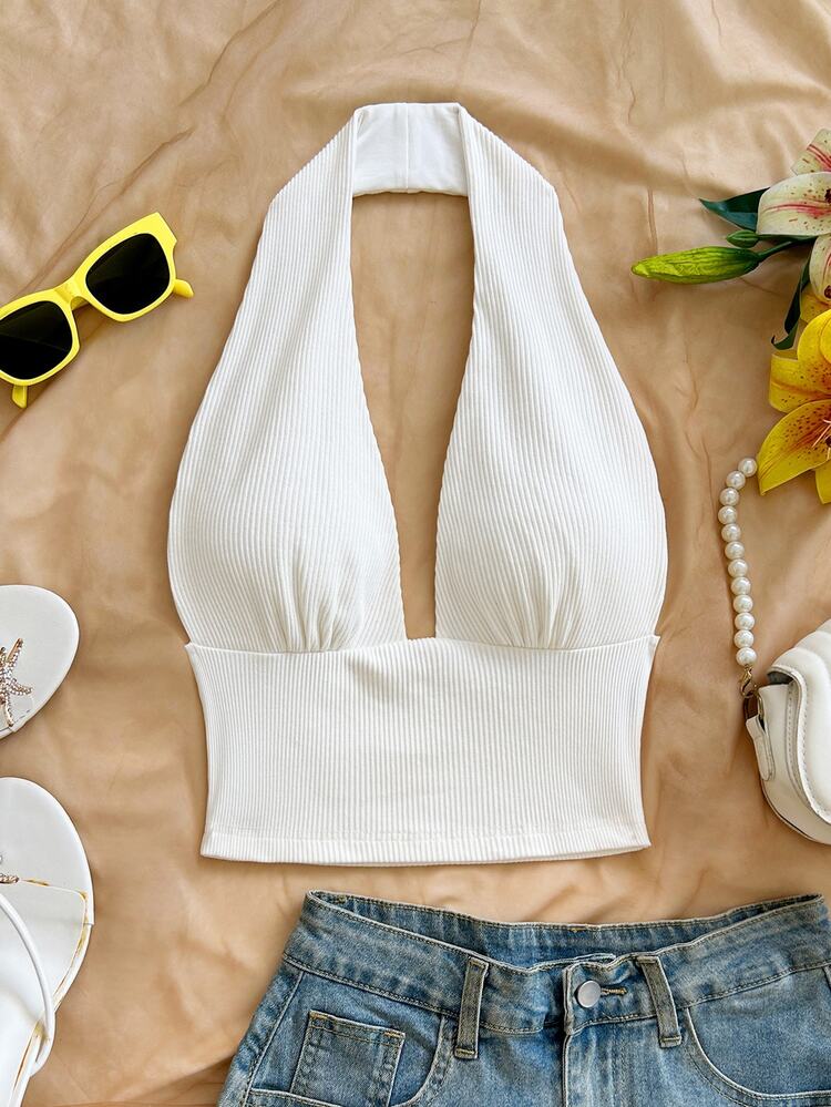 Soleia Casual V-Neck Halter Backless Fitted Tank Top, Versatile Elegant Holiday Christmas Valentine's Day - White - View 3