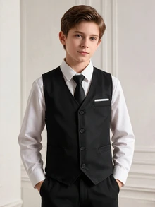 SHEIN 1pc Tween Boy Gentleman Formal Vest, Elegant Dress Waistcoat For Birthday, Wedding, Graduation, Party Occasions - Black - View 7