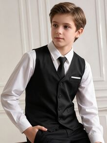 SHEIN 1pc Tween Boy Gentleman Formal Vest, Elegant Dress Waistcoat For Birthday, Wedding, Graduation, Party Occasions - Black - View 1