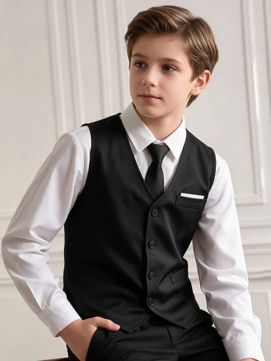 SHEIN 1pc Tween Boy Gentleman Formal Vest, Elegant Dress Waistcoat For Birthday, Wedding, Graduation, Party Occasions - Black - View 1