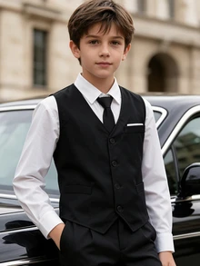 SHEIN 1pc Tween Boy Gentleman Formal Vest, Elegant Dress Waistcoat For Birthday, Wedding, Graduation, Party Occasions - Black - View 3