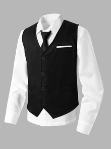 SHEIN 1pc Tween Boy Gentleman Formal Vest, Elegant Dress Waistcoat For Birthday, Wedding, Graduation, Party Occasions - Black - View 4