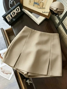 Rosivaux Women's Solid Color Double Slit Hem Casual Culottes - Khaki - View 6