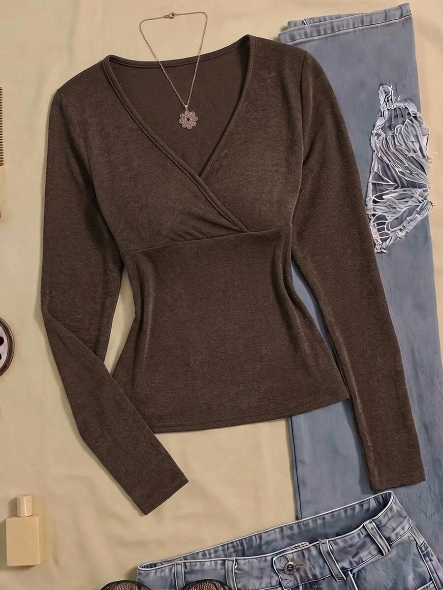 Teen Girl Knitted Brown Cross V-Neck Long Sleeve Casual T-Shirt - Brown - View 1