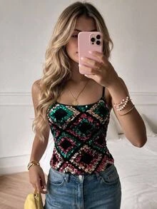 Aloruh 女款優雅性感串珠刺繡派對背心上衣，亮片上衣，閃亮上衣，派對上衣，優雅女款上衣 - 彩色 - 查看 4