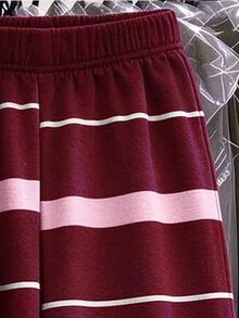 SHEIN (1 Set) Tween Girls Autumn Casual Fashion Blue & Brown Horizontal Striped Pattern Ruched Waist Long Sleeve T-Shirt & Wide Leg Pants - Multicolor - View 6