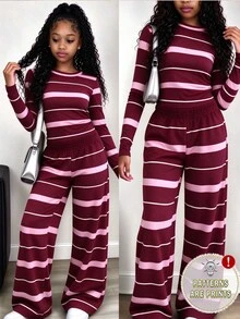 SHEIN (1 Set) Tween Girls Autumn Casual Fashion Blue & Brown Horizontal Striped Pattern Ruched Waist Long Sleeve T-Shirt & Wide Leg Pants - Multicolor - View 1
