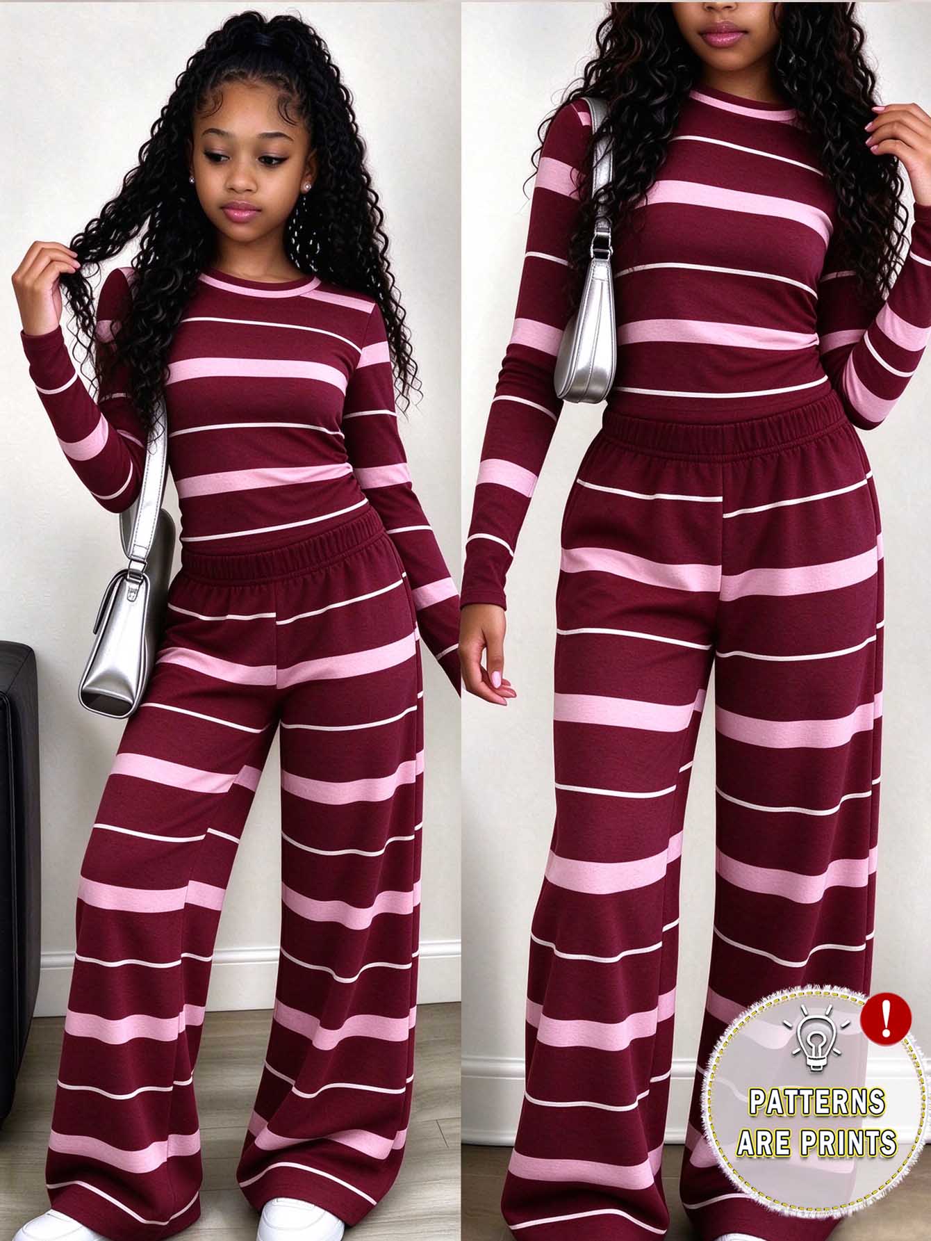 SHEIN (1 Set) Tween Girls Autumn Casual Fashion Blue & Brown Horizontal Striped Pattern Ruched Waist Long Sleeve T-Shirt & Wide Leg Pants - Multicolor - View 1
