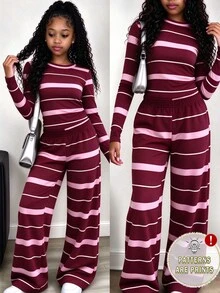 SHEIN (1 Set) Tween Girls Autumn Casual Fashion Blue & Brown Horizontal Striped Pattern Ruched Waist Long Sleeve T-Shirt & Wide Leg Pants - Multicolor - View 3